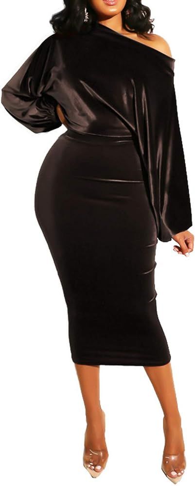 Sexy Bodycon Midi Dress for Womens Long Sleeve Velvet One Shoulder Pencil Fit Slim Dresses | Amazon (US)