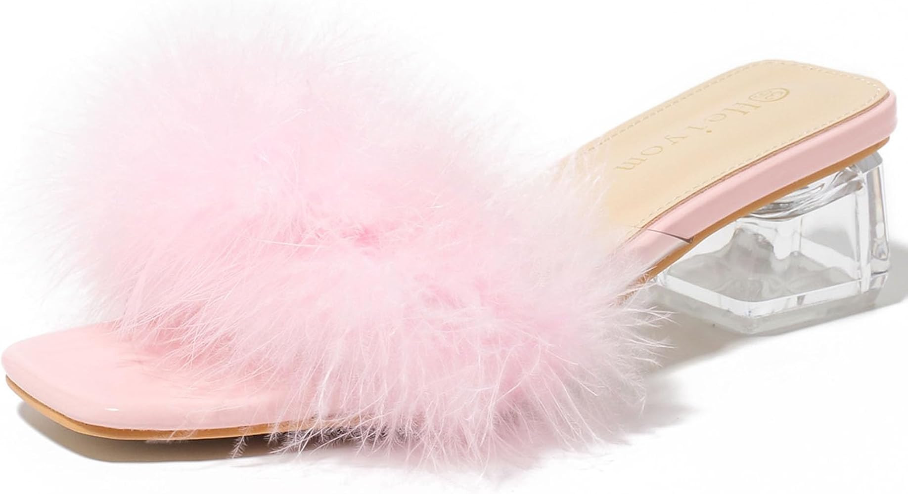 Heiyom Women's Square Toe Low Block Chunky Heels Mules Sandals Fluffy Feather Slip on Clear Heels... | Amazon (US)