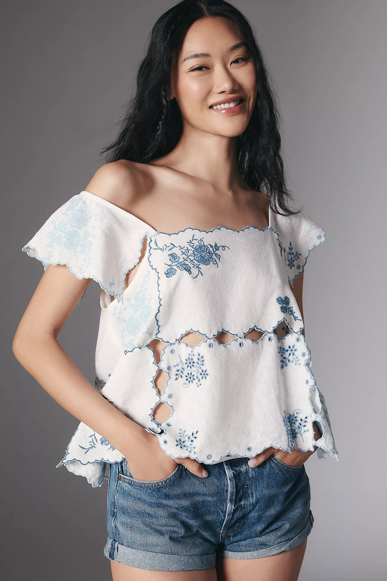 By Anthropologie Linen Blend Flutter-Sleeve Embroidered Cutout Top | Anthropologie (US)