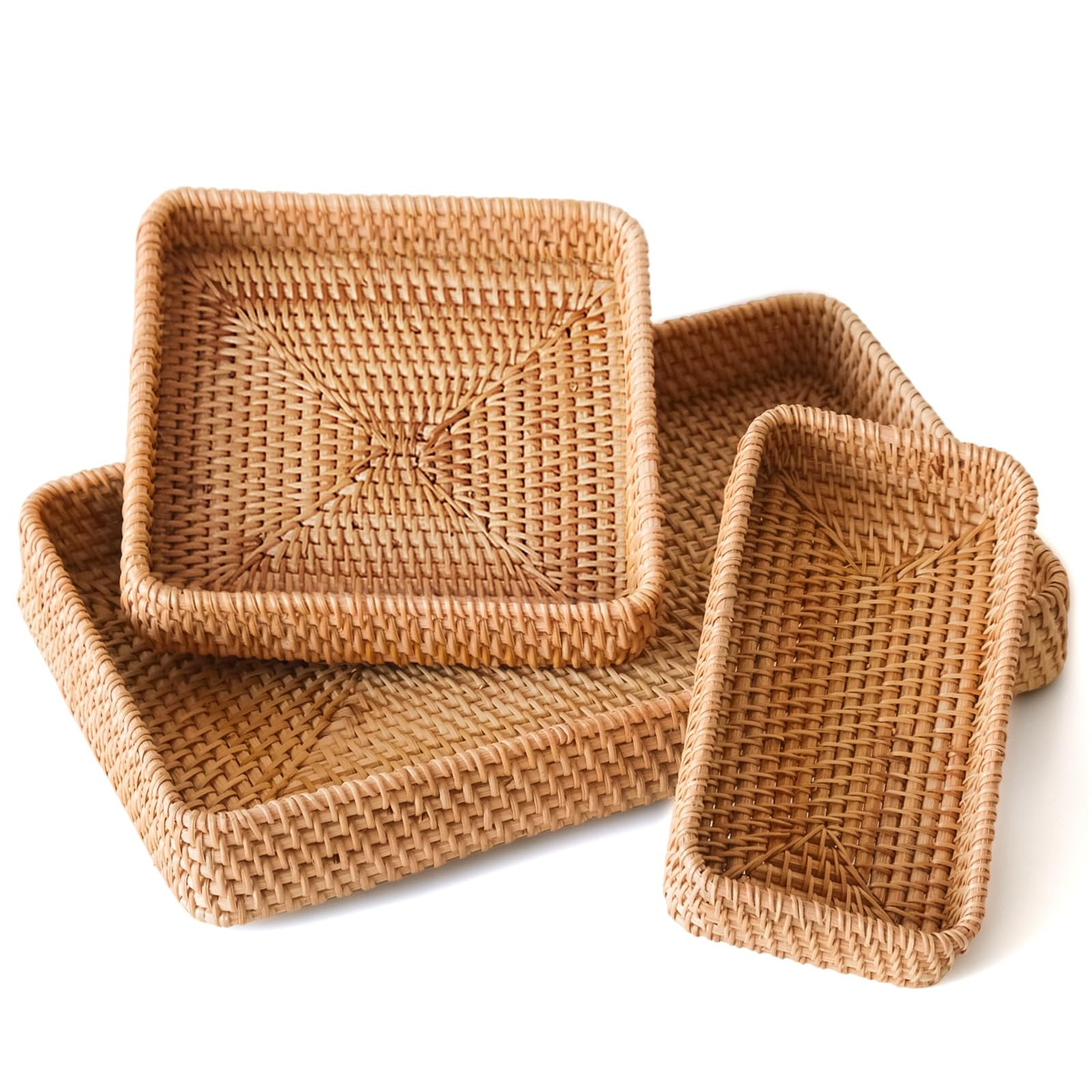 Rattan Serving Tray, Rectangle Basket Set of 3, Wicker Storage and Organizing Baskets, Natural De... | Amazon (US)