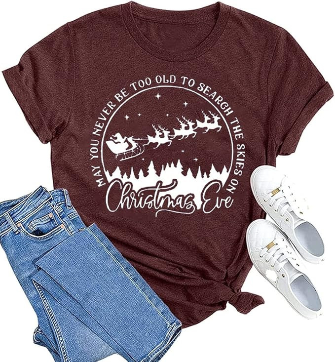 Christmas Reindeer Print Shirts for Women Christmas Eve Cute T Shirts Funny Graphic Tops Casual B... | Amazon (US)
