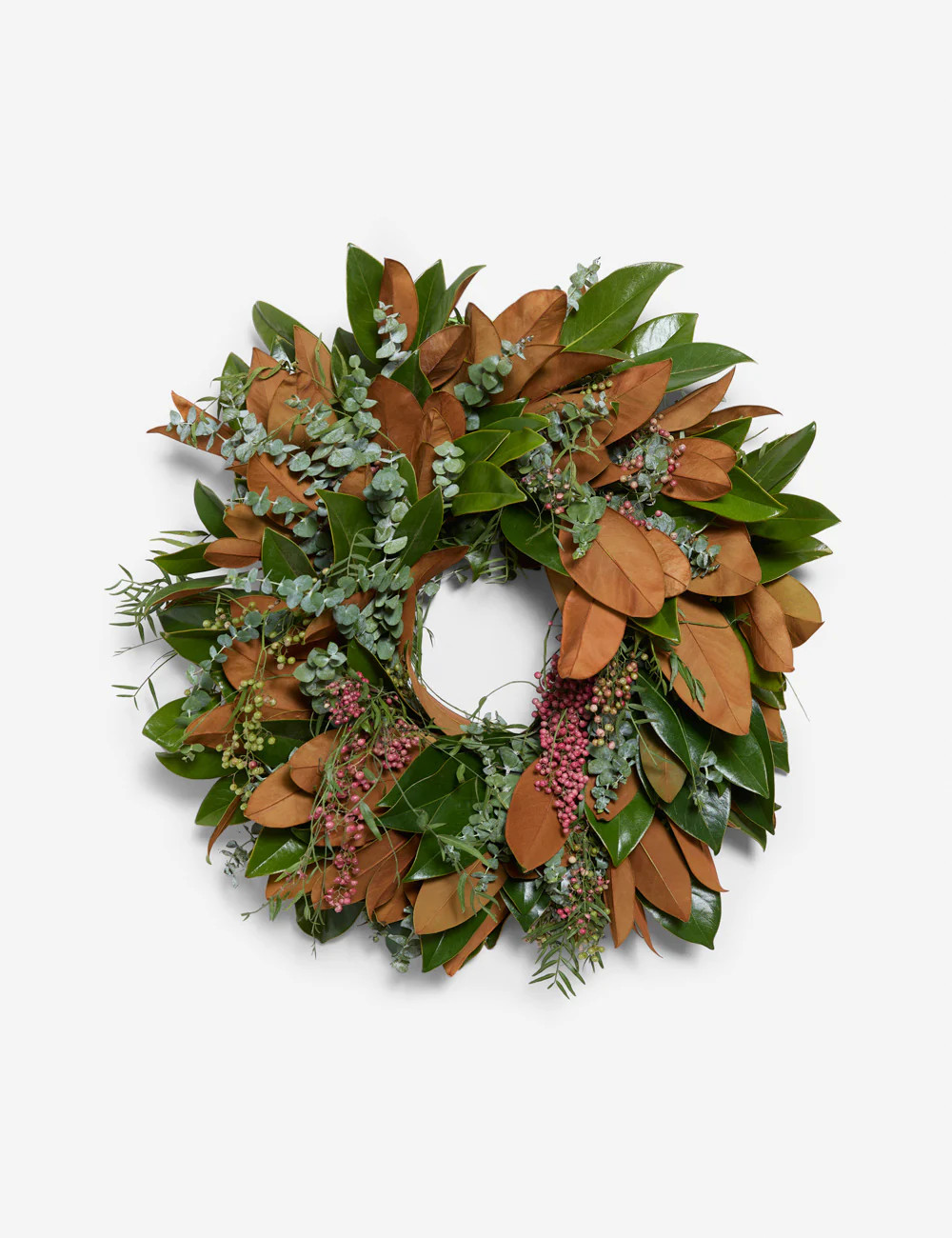 Fresh Handmade Magnolia + Baby Blue Eucalyptus + Pepperberry Wreath | Lulu and Georgia 