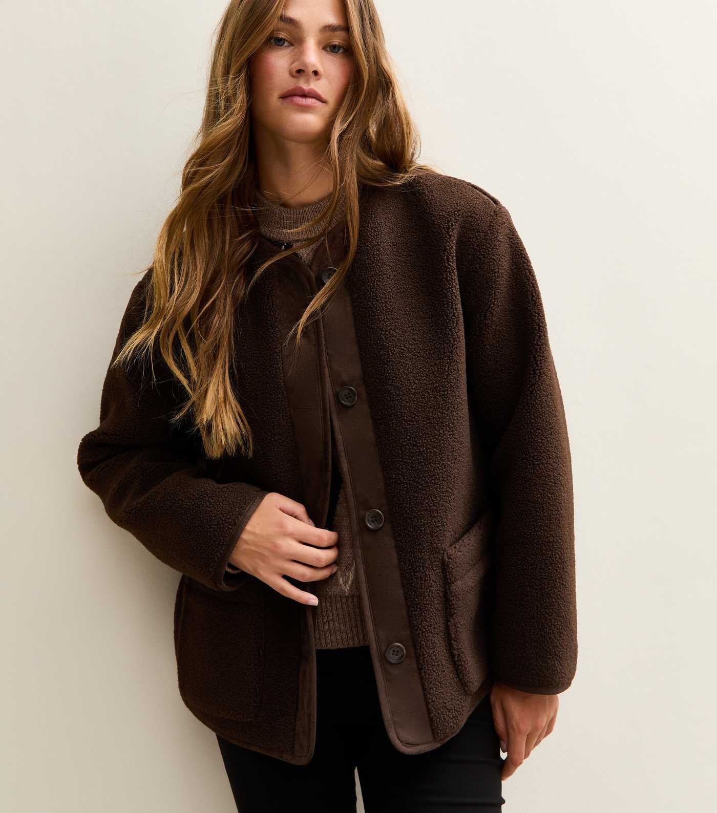 Dark Brown Borg Button Through Jacket | New Look | New Look (UK)