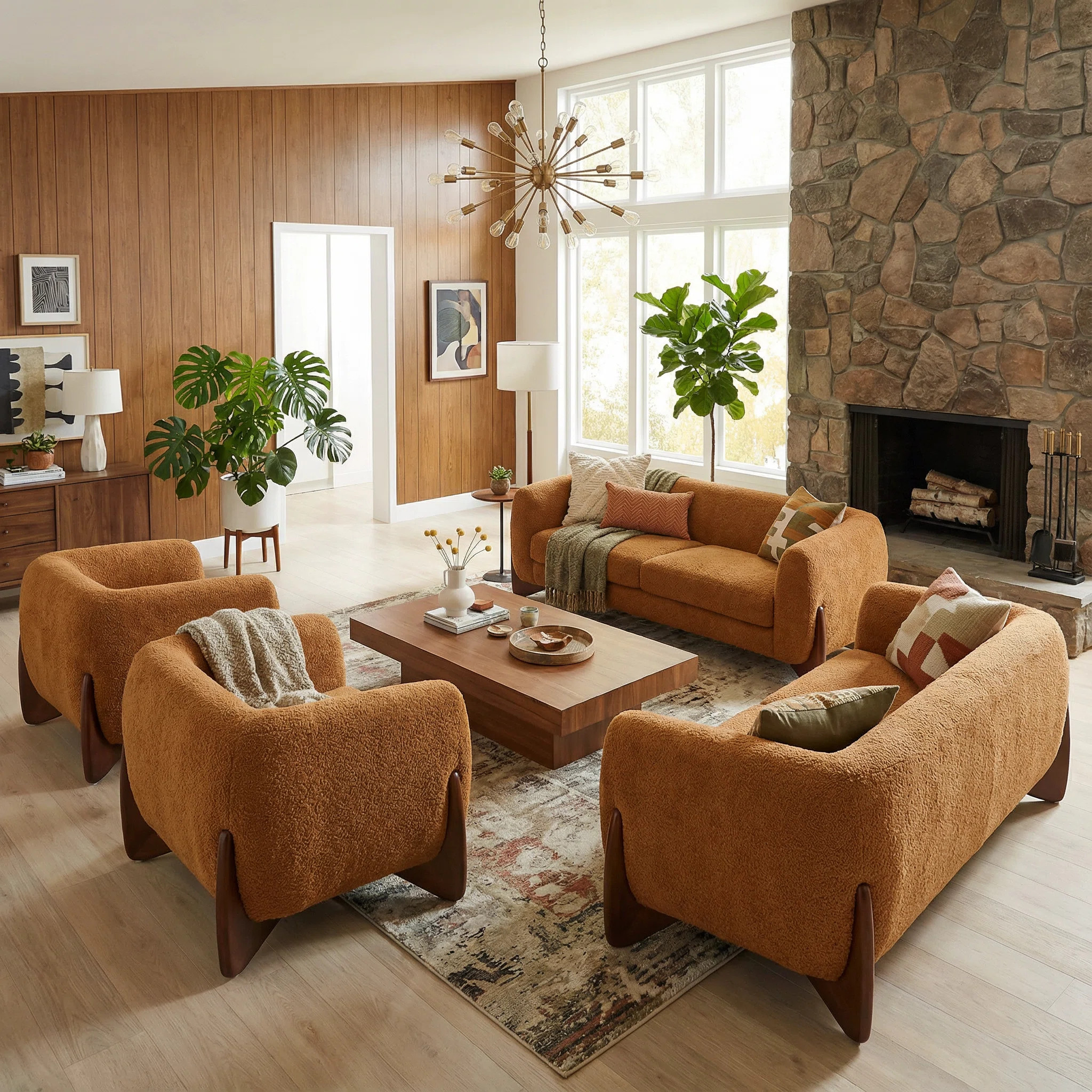 Rhudine 4-Piece Modern Japandi Bouclé Upholstered  Sofa Set With Solid Wood Legs | Wayfair North America