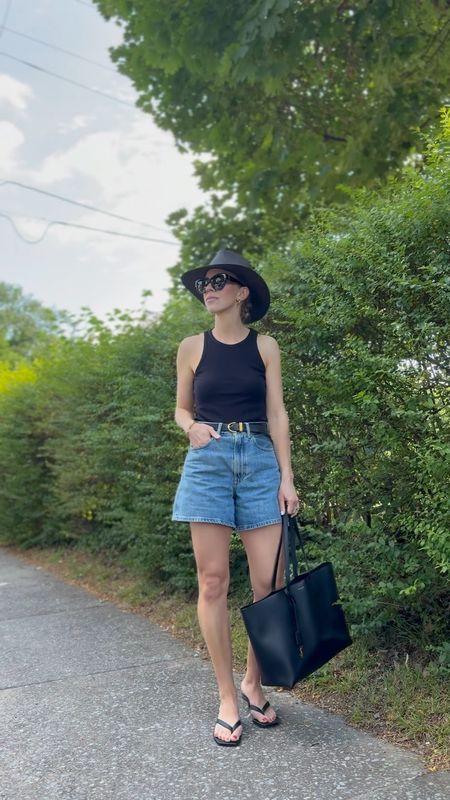 Minimal summer style, tank top with denim shorts, kitten heel thong sandals, black straw hat, YSL tote bag

#LTKVideo #LTKShoeCrush #LTKFindsUnder100