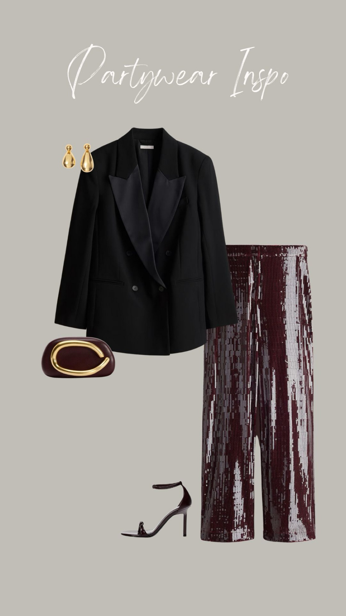 Partywear outfit inspiration 
15% off currently at H&M 

Sequin trousers, black tuxedo style blazer


#LTKpartywear #LTKuk