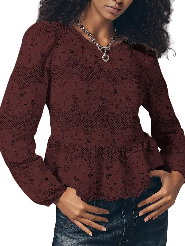 Womens Lace Peplum Blouse Long Sleeve Floral Hollow Out Croche Casual Dressy Shirt Tops | Amazon (US)