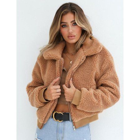Womens Thick Warm Teddy Bear Pocket Fleece Jacket Coat Zip Up Outwear Overcoat | Walmart (US)