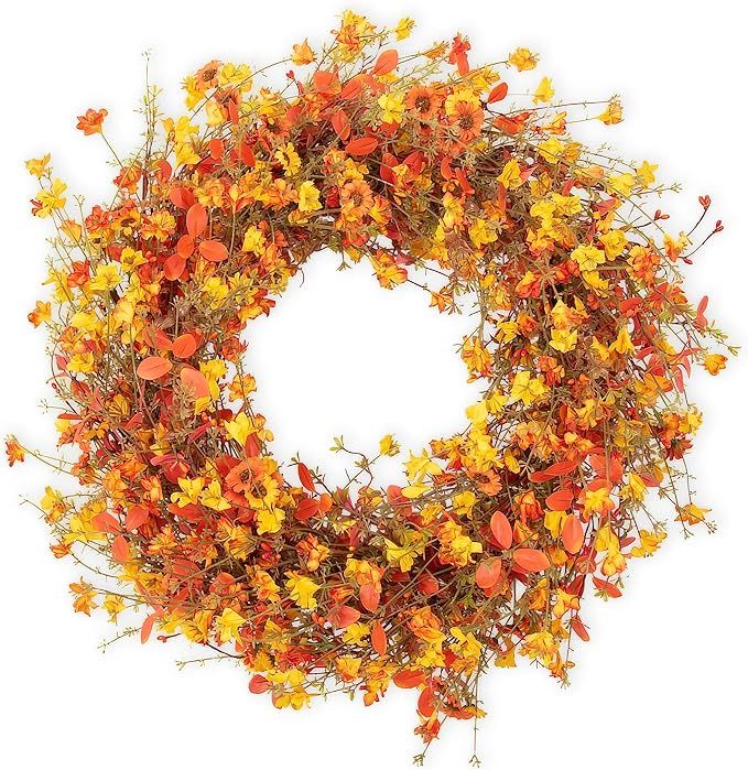 22 Inch Fall Wreaths for Front Door Artificial Orange Eucalyptus Berry Autumn Wreath with Daisy J... | Amazon (US)