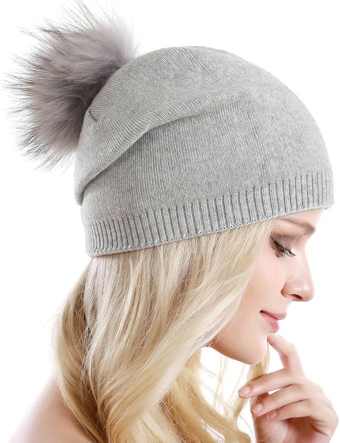 Women Knit Wool Beanie - Winter Fashion Solid Wool Hats Real Removable Raccoon Fur Pom Pom Warm S... | Amazon (US)