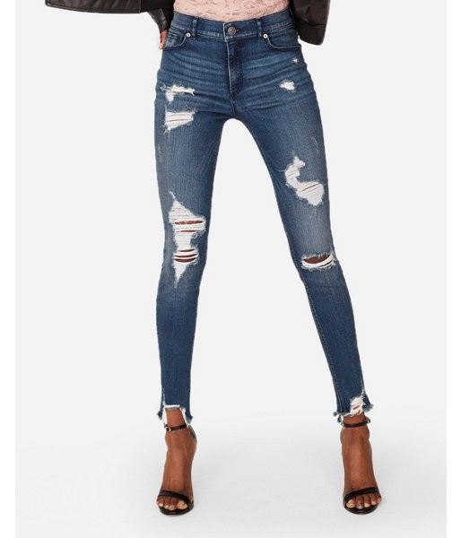 Express Womens Petite High Waisted Denim Perfect Destroyed Stretch+ Ankle Leggings Blue Women's 00 Petite Blue 00 Petite | Express