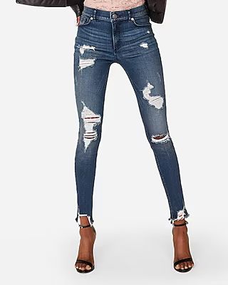 Express Womens Petite High Waisted Denim Perfect Destroyed Stretch+ Ankle Leggings Blue Women's 00 Petite Blue 00 Petite | Express