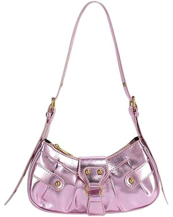 Silver Crossbody Purse Y2K Metallic Shoulder Bags for Women Leather Punk Saddle Hobo Purses | Amazon (US)