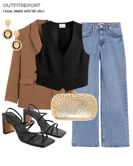 Denim jeans black vest brown blazer sandals and clutch 

#LTKshoecrush #LTKitbag #LTKstyletip