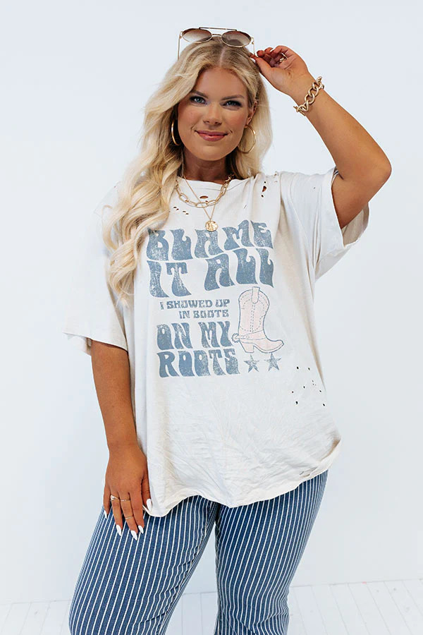 Blame It On My Roots Distressed Boyfriend Tee In Stone Curves | Impressions Online Boutique