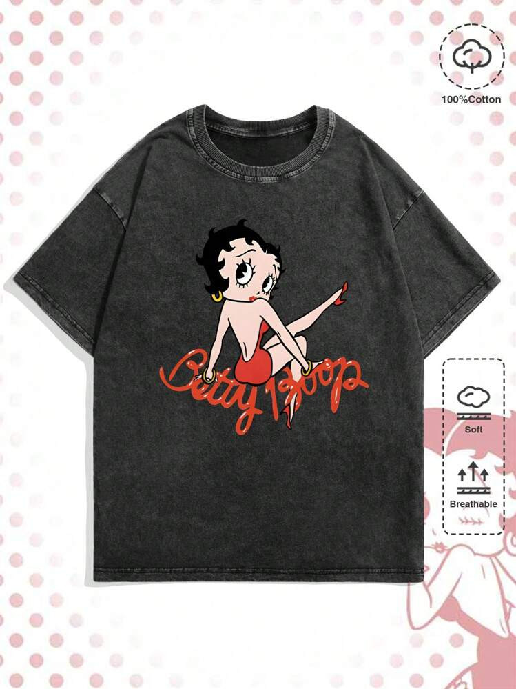 Betty Boop | ROMWE Men's Cartoon & Letter Printed Short Sleeve T-Shirt, Casual, School | SHEIN