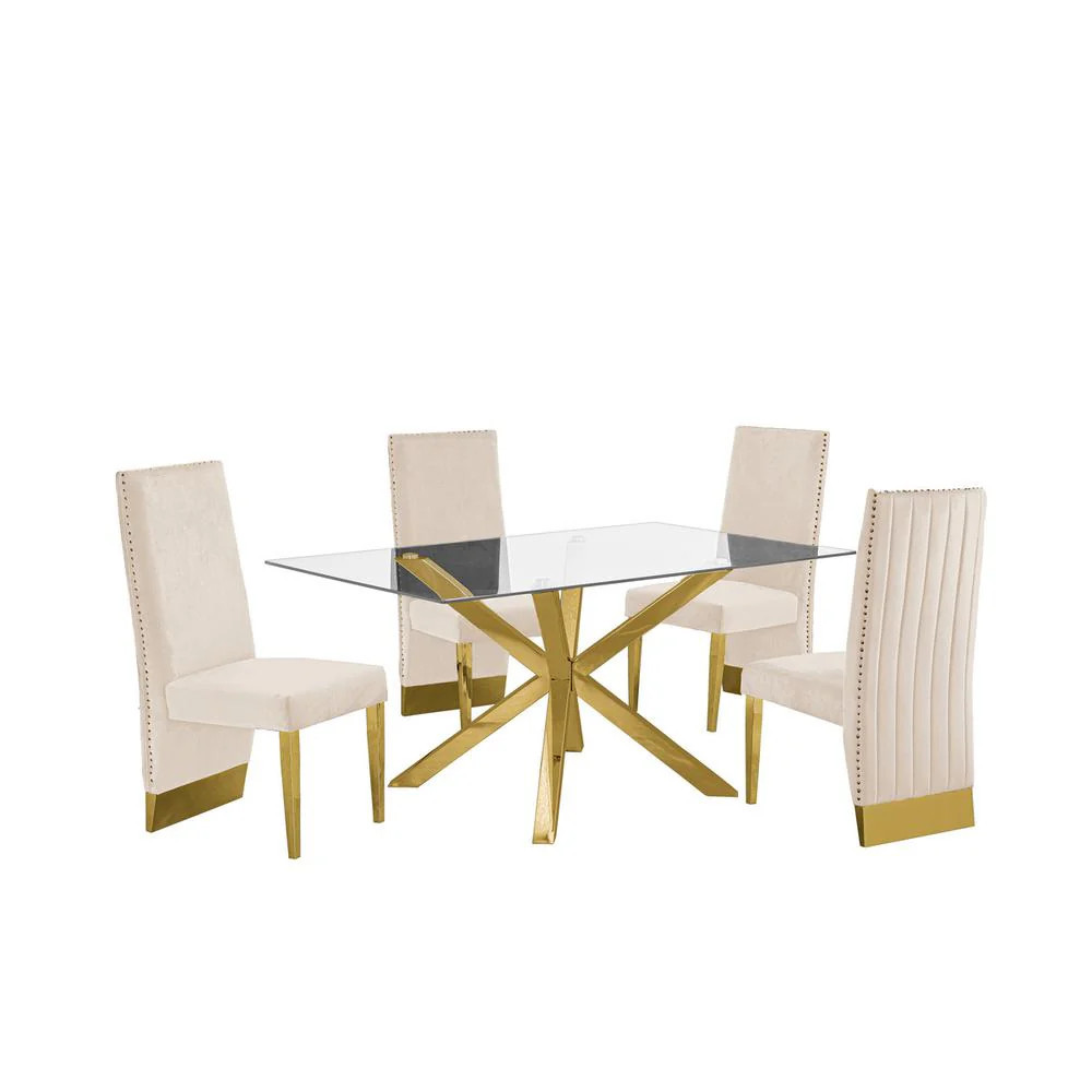 Contemporary 5pc Dining Set, Glass Dining Table w/Stainless Steel Gold Base & Velvet Pleated Chrome Support Dining Chairs, Beige | Shop Simon
