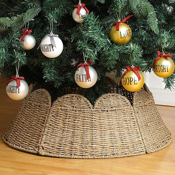 Woven Scallop Christmas Tree Collar Rattan Christmas Tree Ring Farmhouse Natural Woven Rustic Bas... | Amazon (US)