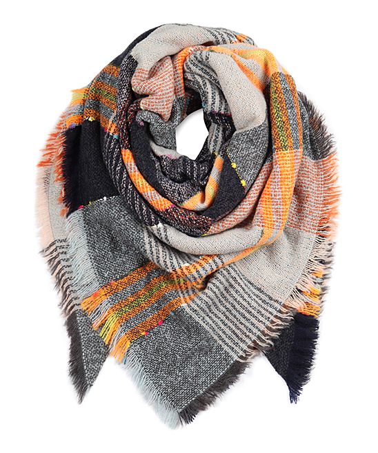 Riah Fashion Women's Cold Weather Scarves Black - Gray & Orange Plaid Fringe Blanket Scarf - Women | Zulily