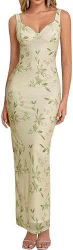 HTZMO Women Summer Floral Bodycon Maxi Dress V Neck Halter Sleeveless Casual Wedding Guest Party ... | Amazon (US)