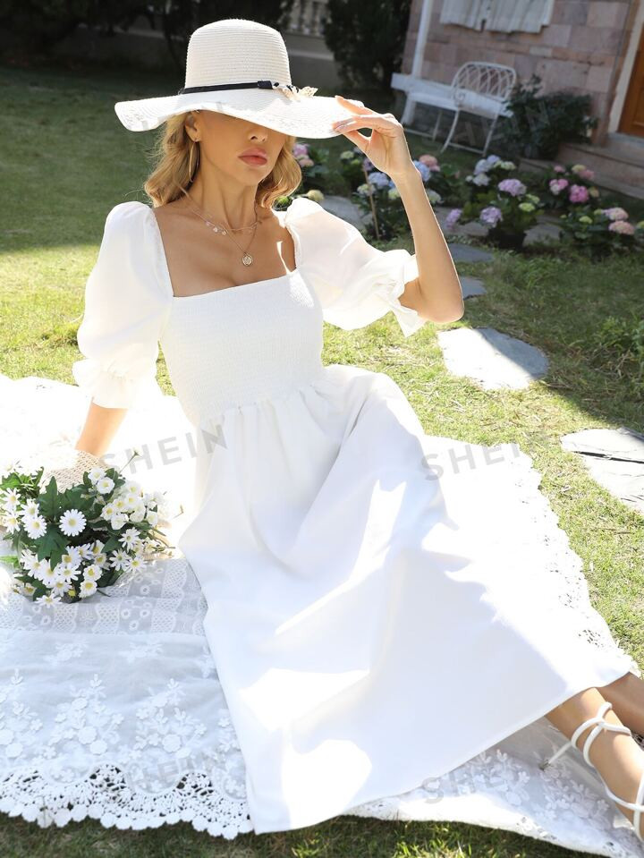 SHEIN Frenchy Square Neck Shirred Detail Puff Sleeve A-line Dress | SHEIN