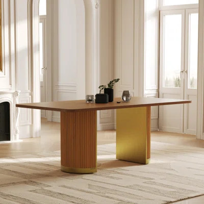 78 Inch Black Solid Oak Wood Dining Table With Double Fluted Design And Brushed Gold Base | Wayfair North America
