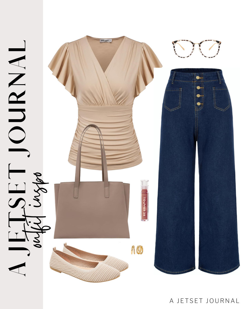 Outfit number one features a stunning GRACE KARIN V-neck ruffle sleeve blouse paired with flare jeans. This look is perfect for a nice dinner. Just add some gold hoop earrings, and you're done! 

 #LTKSeasonal #LTKSaleAlert #LTKTravel