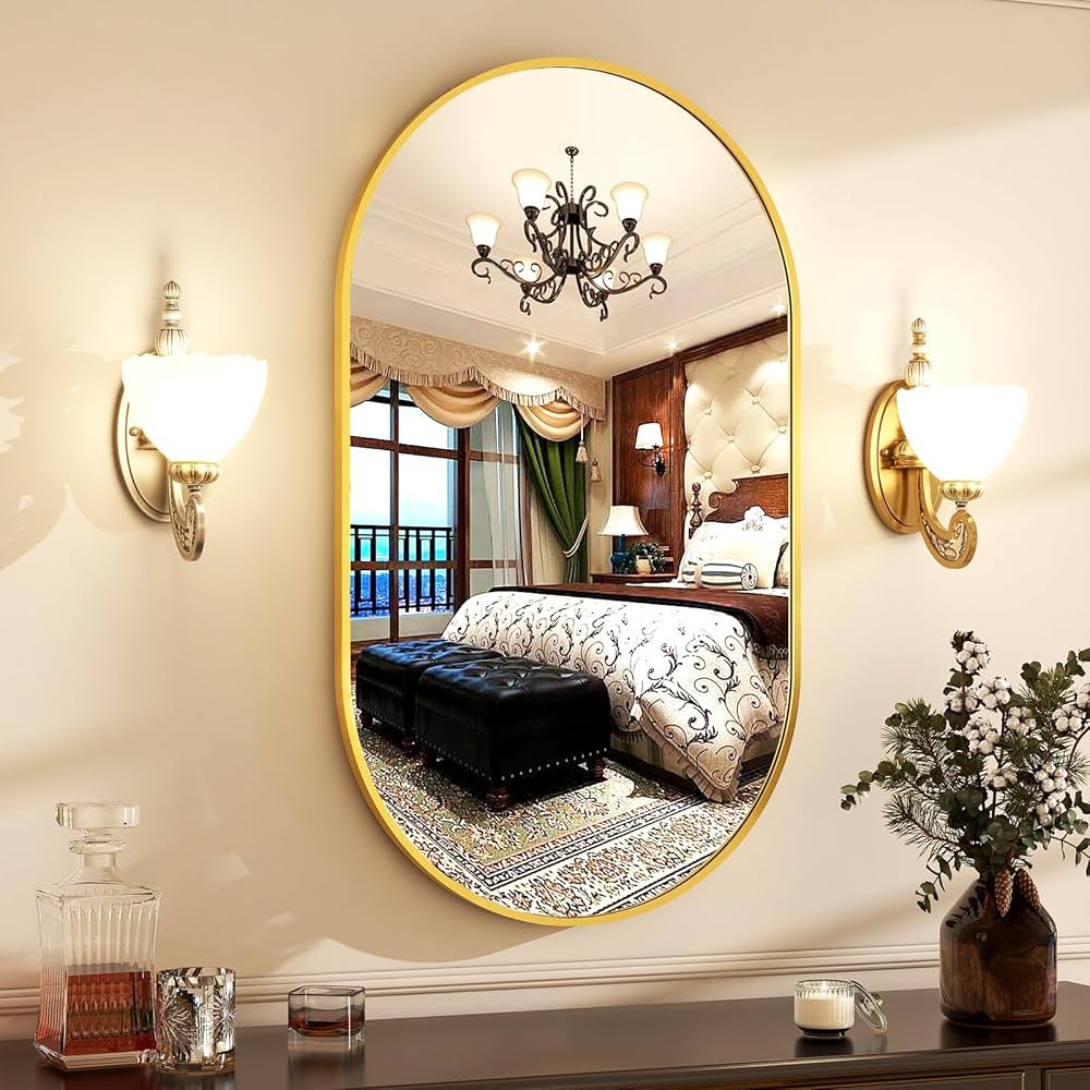 17" x 30"Oval Bathroom Mirror Wall Mounted Chic Brushed Metal Frame Hang Vertically & Horizontall... | Amazon (US)