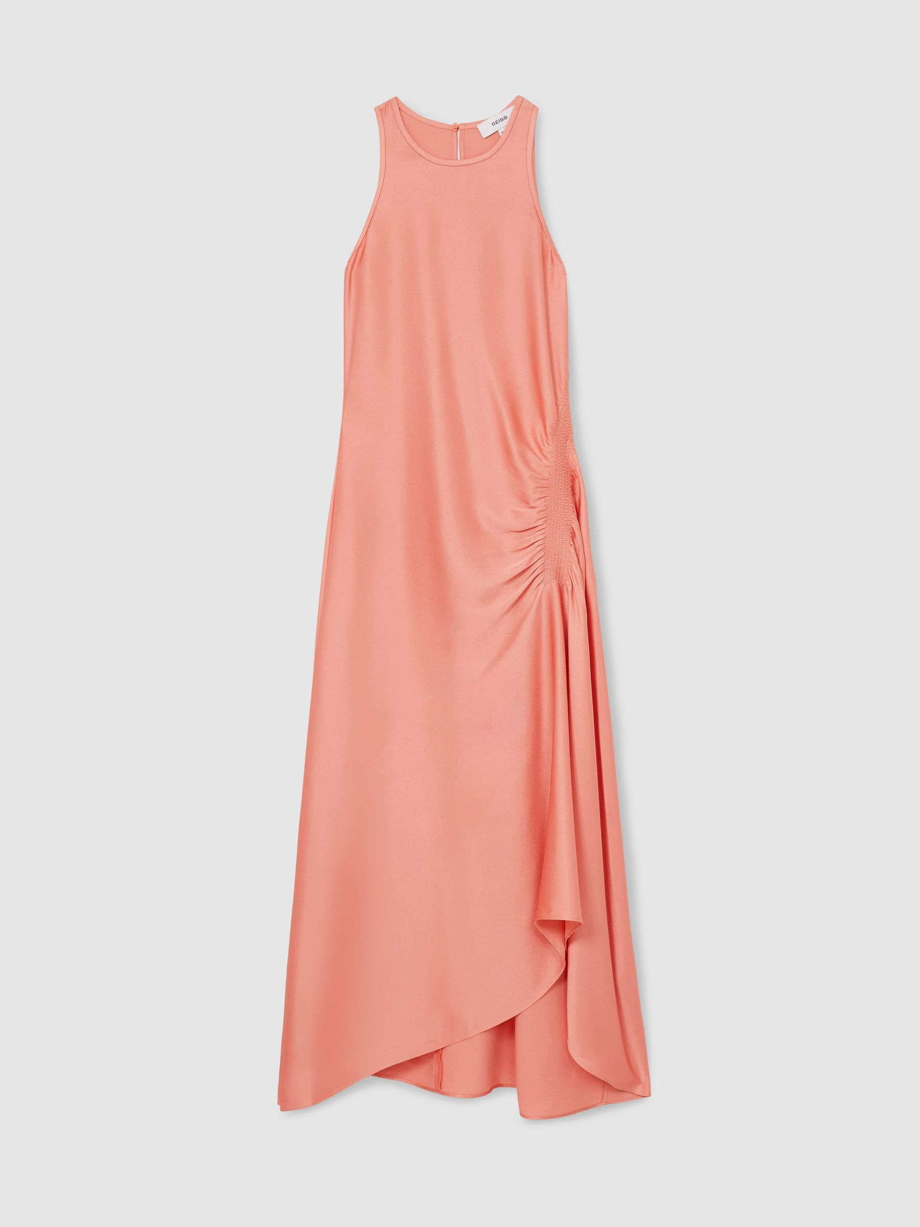 Satin Shirred Midi Dress in Coral | Reiss US