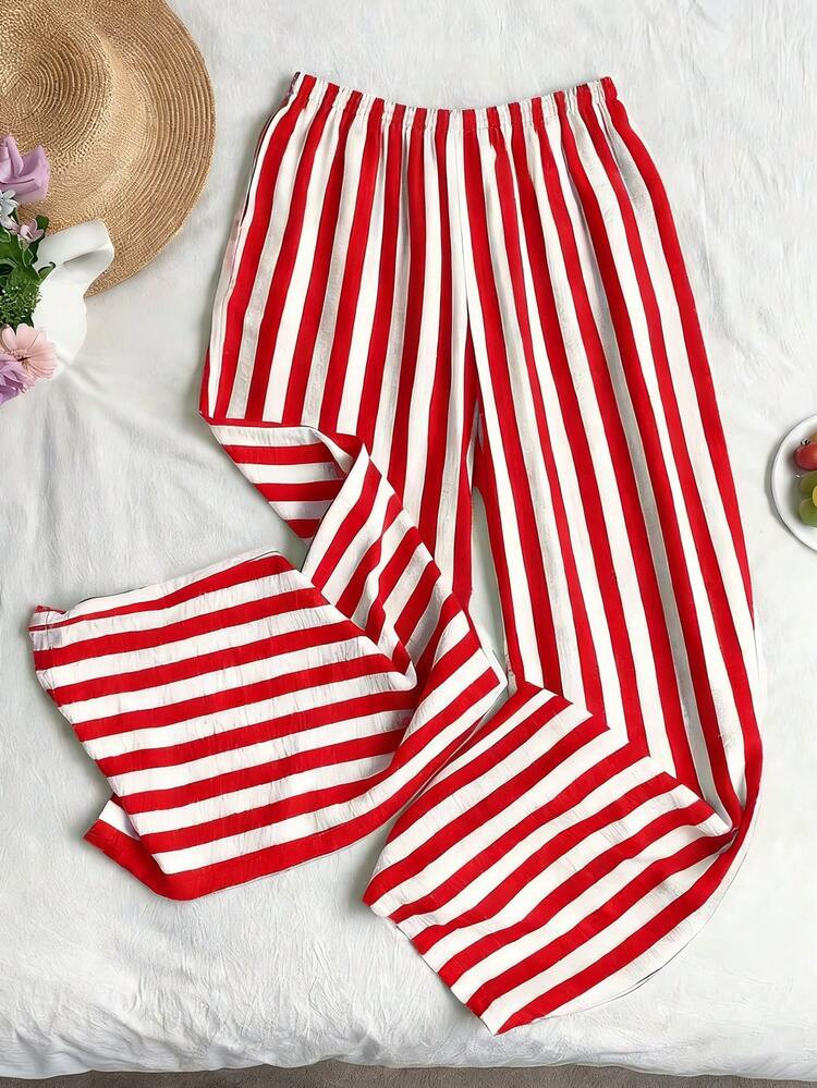 Colorful Striped Loose Casual Pants With Pockets, Versatile Summer Vacation Beach Outfits For Women White Spring | SHEIN