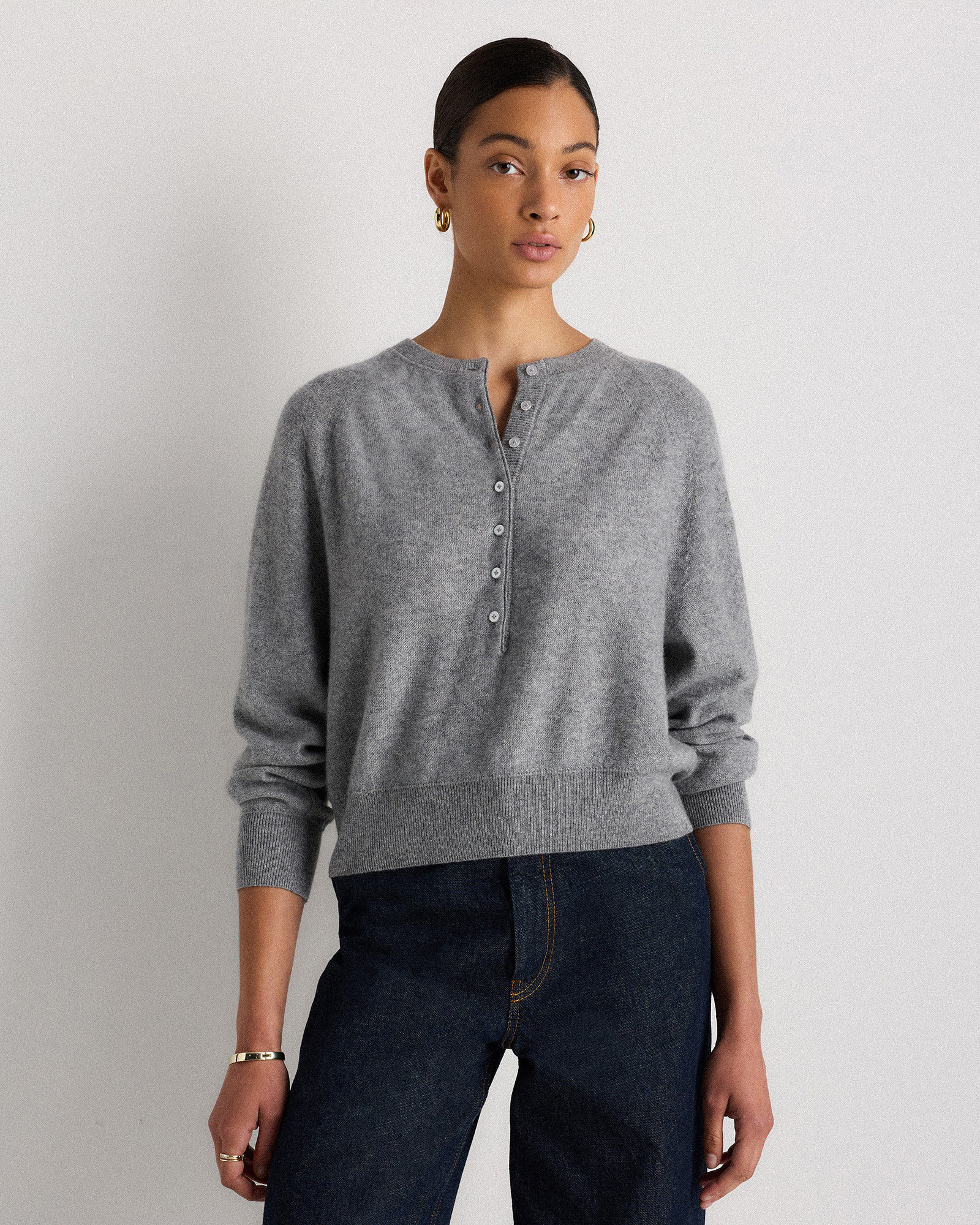 Quince | Women's Mongolian Cashmere Dolman Sleeve Henley Sweater in Heather Grey, Size Small | Quince