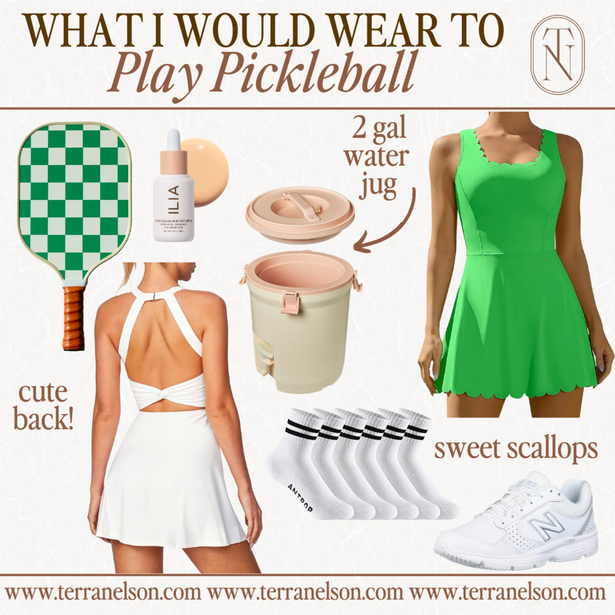 Athletic dress with shorts, Lululemon inspired pickle ball, outfit, crew, socks, new balance, shoes, Stanley, water jug, Pickleball paddle  

#LTKFind #LTKSeasonal #LTKunder50