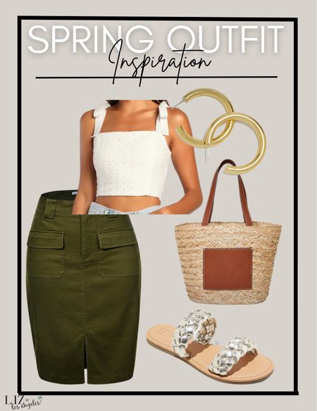 Spring is here and I am loving cargo skirts for spring.  This spring outfit is the perfect casual outfit as a running errands outfit or for a brunch outfit or even a casual date night look. I paired this cargo skirt with a simple metallic slide sandal and woven bag for the perfect look.

#LTKFind #LTKstyletip #LTKSeasonal