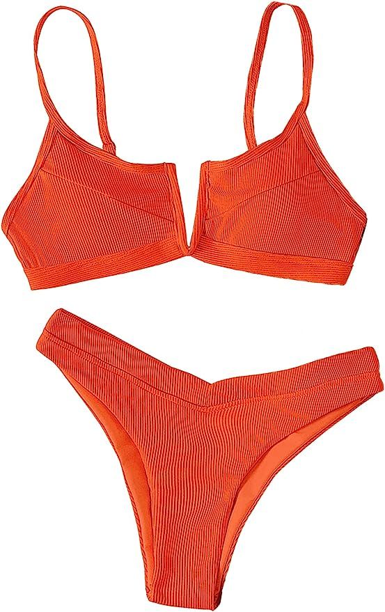 SweatyRocks Women's 2 Piece Bathing Suit Ribbed High Cut Bikini Set Swimsuit Beachwear | Amazon (US)