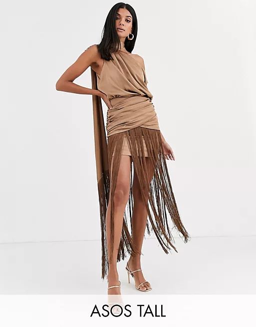 ASOS DESIGN Tall one shoulder fringe maxi dress with satin top | ASOS | ASOS (Global)