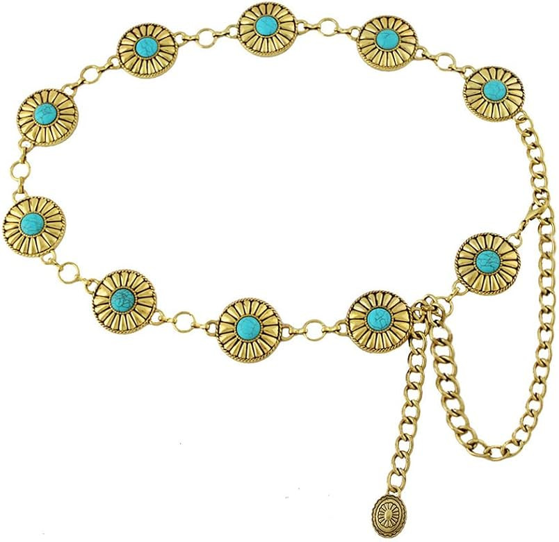 BEMYLV Western Metal Concho Chain Belts for Women Turquoise Flower Cowgirl Belt for Dresses Jeans | Amazon (US)