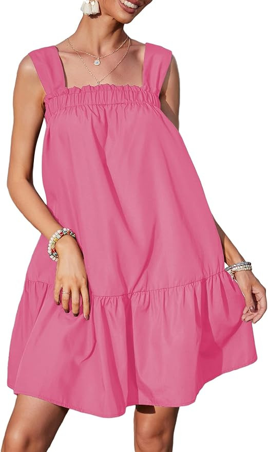 Verdusa Women's Frilled Square Neck Sleeveless Ruffle Hem Mini Smock Dress | Amazon (US)