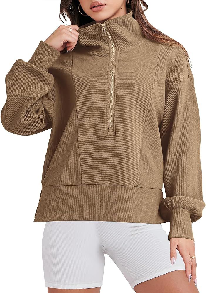 Womens Half Zip Pullover Long Sleeve Sweatshirt Cropped Fleece Quarter Hoodie Casual 2023 Y2K Clothe | Amazon (US)