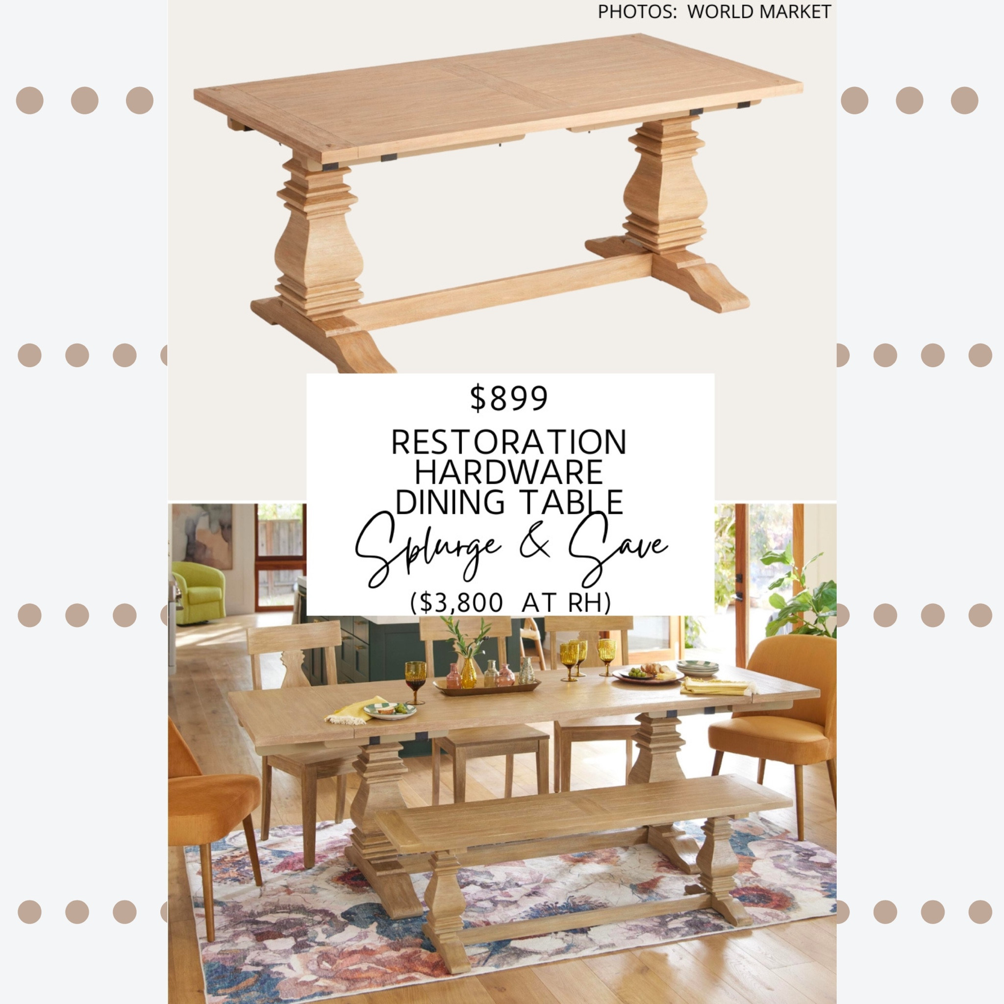 🚨New Find🚨 Restoration Hardware’s Salvaged Wood Trestle Rectangular Extension Dining Table is an absolutely iconic piece of furniture; not only is it very popular, it’s very versatile and fits with a variety of home decor styles.  Like the name suggests, it has lots of natural distressing, is made of salvaged wood, and has solid trestle legs.

I found solid wood dining tables with trestle legs at Wayfair, World Market, Macy’s and more. They come in different colours and configurations, and some of them are even extendable.

*Note that all photos above are of the Saves. If you’d like to see the Splurge, head to my website, www.kendrafoundit.com  

#lookforless #highlow #dupe #copycat #spendandsave #splurgeandsave #diningroom #diningtable #restorationhardware #homedecor #decor #furniture #rh #salvaged #farmhouse. Restoration Hardware Salvaged Wood Trestle Rectangular Extension Dining Table dupe. Restoration Hardware Salvaged Wood Trestle Rectangular Extension Dining Table look for less. Restoration Hardware dupes. Restoration Hardware looks for less. Restoration Hardware dining table dupes. Restoration Hardware style. Restoration Hardware furniture.  Restoration Hardware copycats. Dining room inspiration. Affordable dining room table. Farmhouse dining table. 

#LTKsalealert #LTKhome #LTKFind