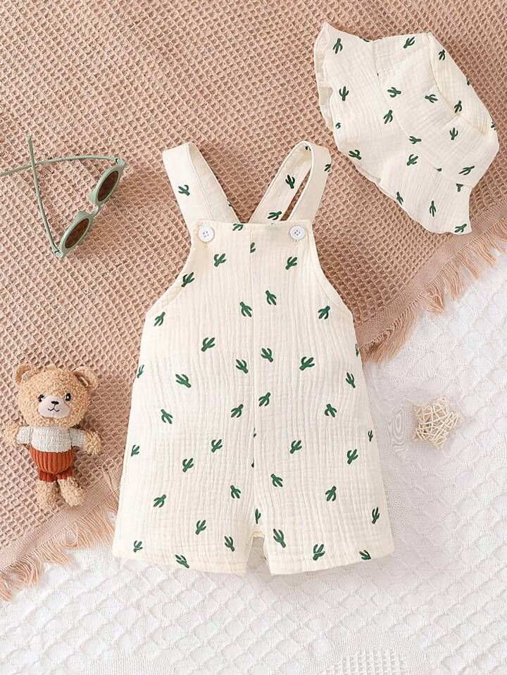 Baby Boy Cactus & Tropical Plants Print Romper With Suspenders Shorts And Hat For Summer | SHEIN