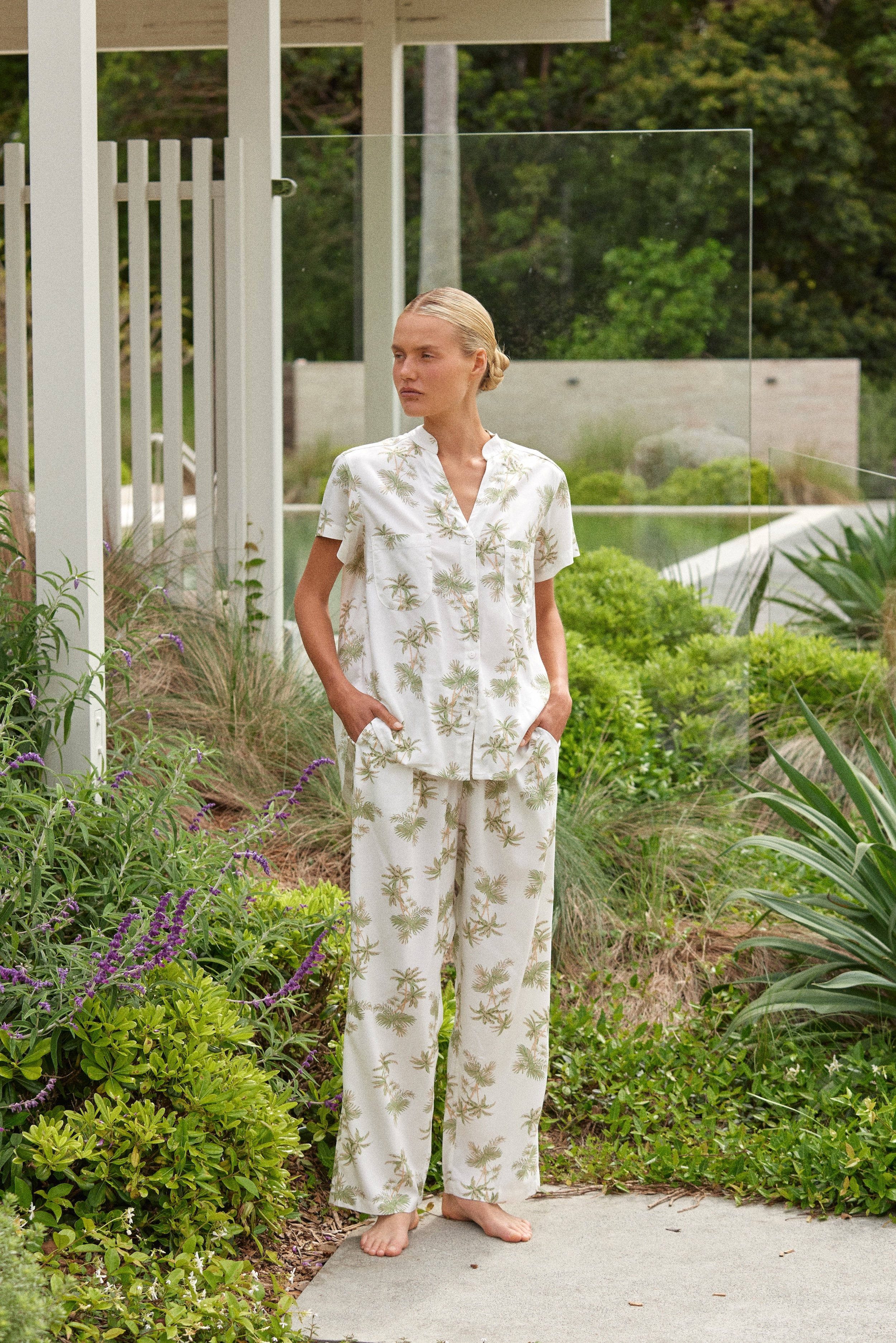 Maggie Pyjama Set - Long Pants - Vintage Palm Olive | Piyama US