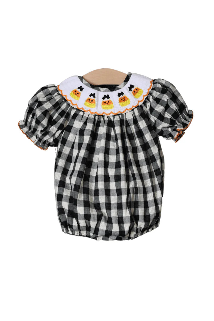Smocked Fancy Candy Corn Black Gingham Bubble | The Smocked Flamingo