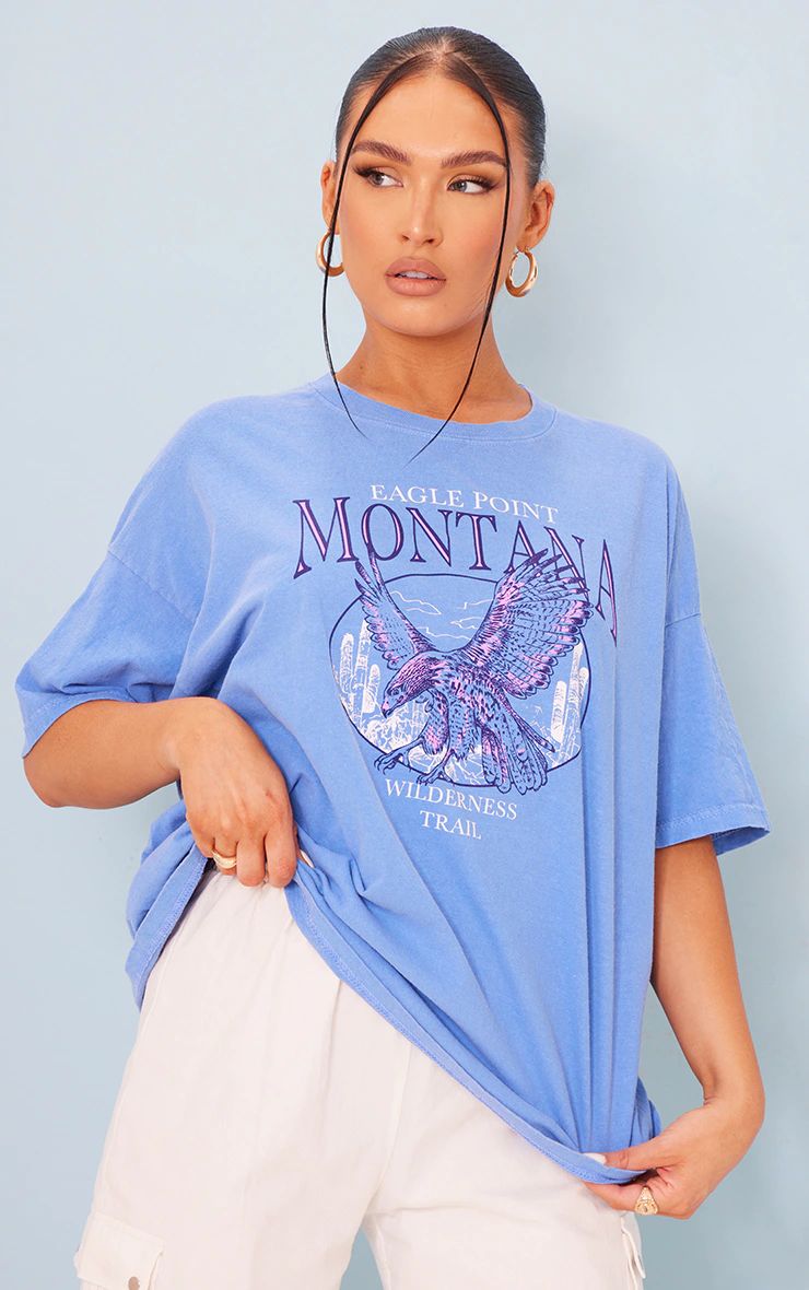 Washed Blue Montana Logo Oversized Washed T Shirt | PrettyLittleThing US