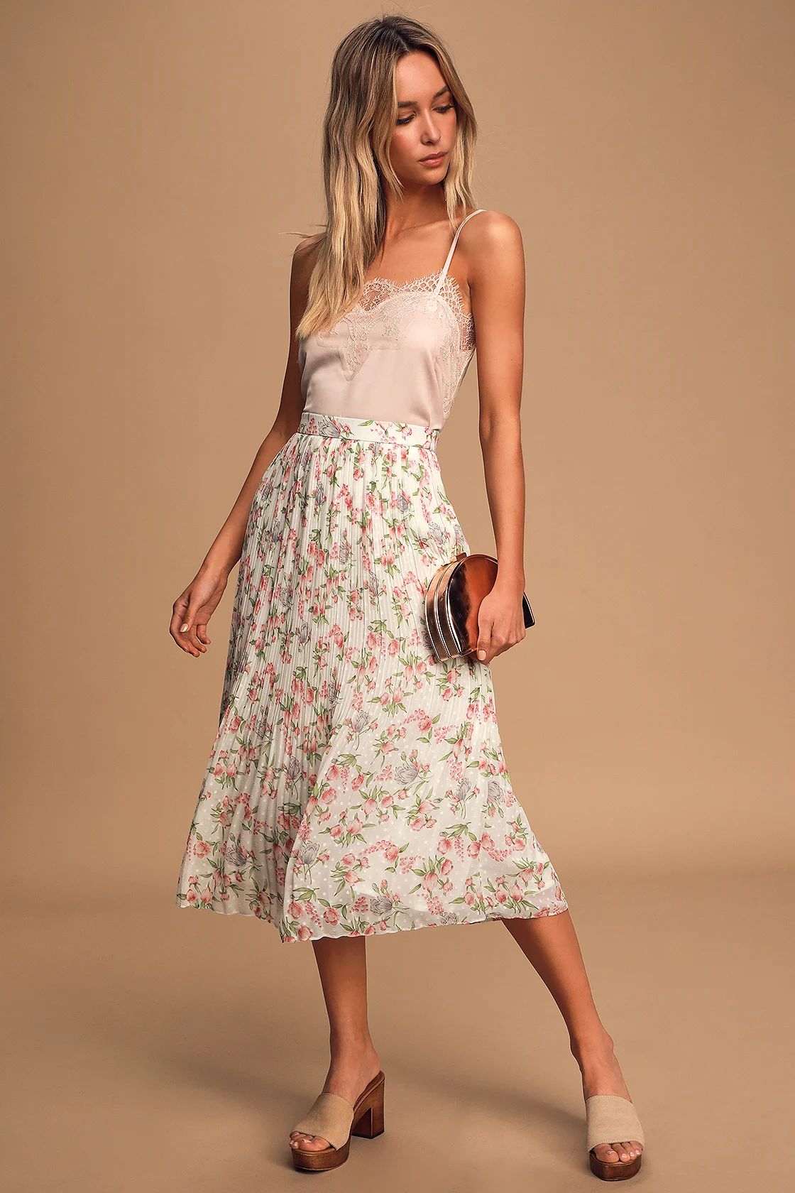 You're On My Mind White Floral Pleated Swiss Dot Midi Skirt | Lulus