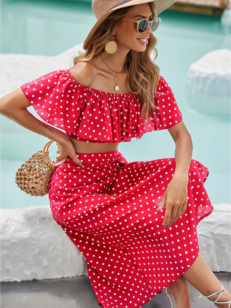 Ruffle Trim Off Shoulder Polka Dot Top With Skirt | SHEIN