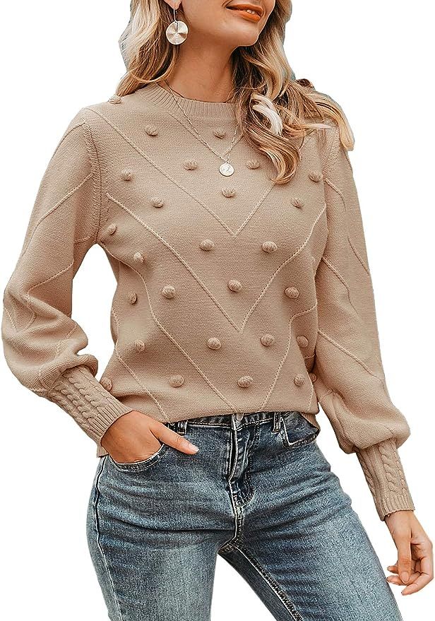 Miessial Women's Crew Neck Lantern Sleeve Sweater Pullover Elegant Knit Jumper Top | Amazon (US)