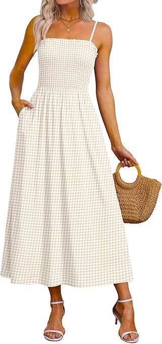 OFEEFAN Womens Spaghetti Strap Maxi Dresses Smocked with Pockets 2026 Summer Spring Casual Boho B... | Amazon (US)