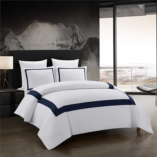 ALADDIN HOME Hotel Collection Duvet Cover Set Queen Navy Blue Band Stitch Luxury Bedding Sets wit... | Amazon (US)