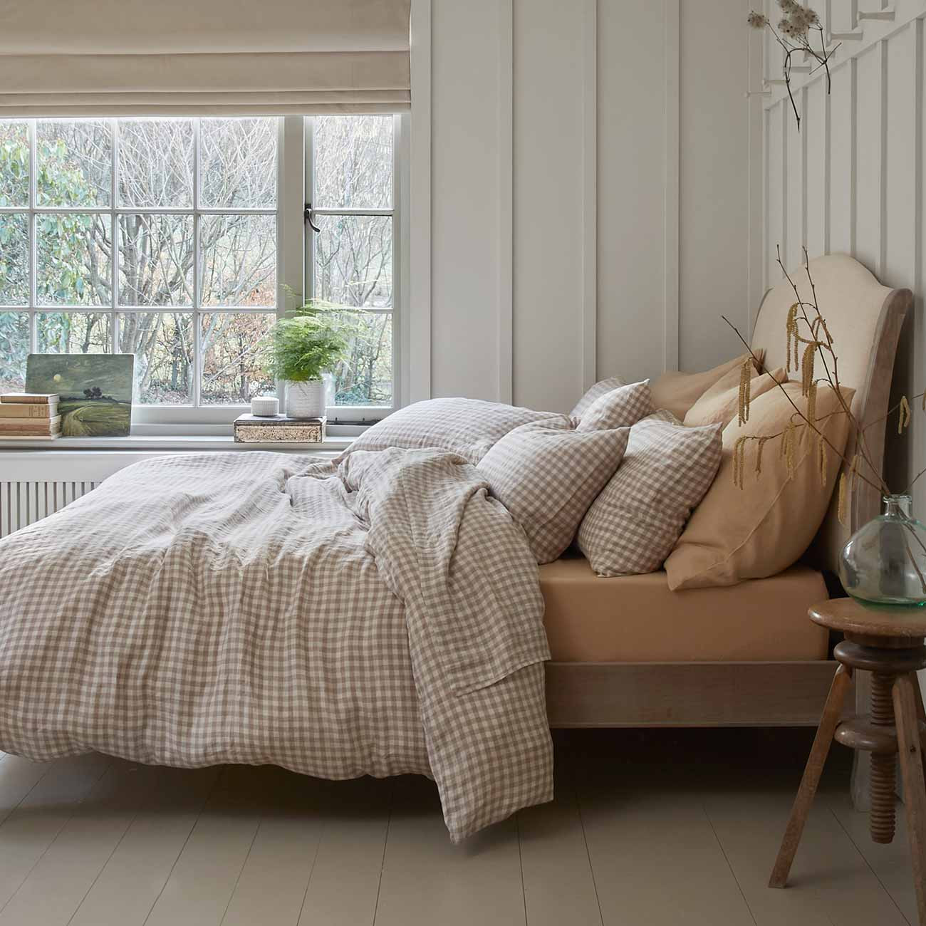 Mushroom Gingham 100% Linen Duvet Cover | Piglet