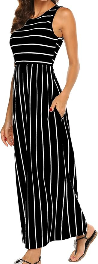 Hount Women's Summer Sleeveless Striped Flowy Casual Long Maxi Dress with Pockets | Amazon (US)